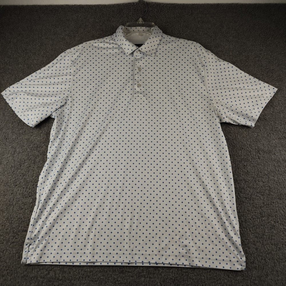 Greg Norman Polo Mens Large Play Dry White Blue Diamond Geometric Short Sleeve